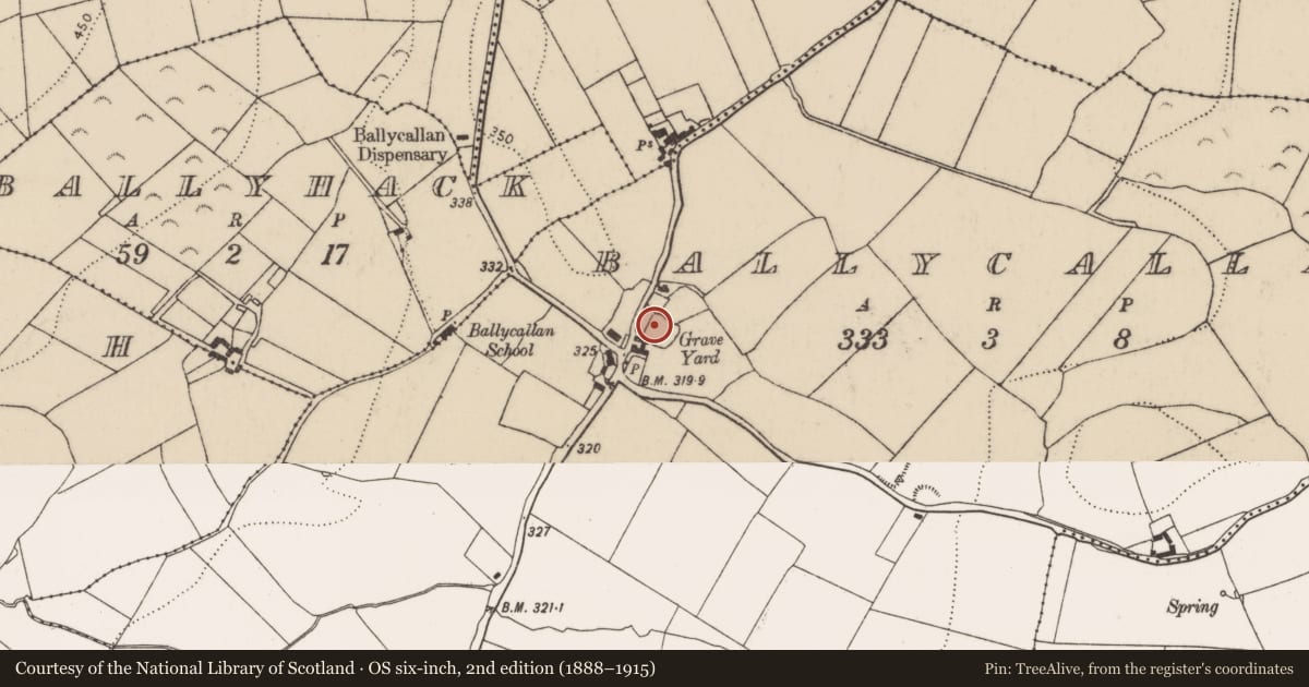 Ordnance Survey six-inch map, 2nd edition (1888–1915) covering the location of Graveslab, Ballycallan, County Kilkenny, with a pin at the register's coordinates
