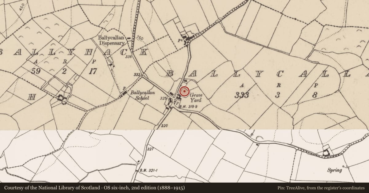 Ordnance Survey six-inch map, 2nd edition (1888–1915) covering the location of Graveslab, Ballycallan, County Kilkenny, with a pin at the register's coordinates