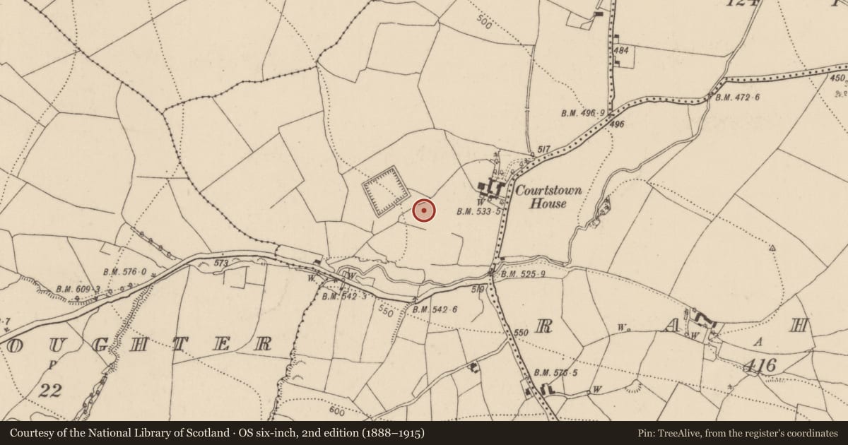 Ordnance Survey six-inch map, 2nd edition (1888–1915) covering the location of Fulacht fia, Courtstown, County Kilkenny, with a pin at the register's coordinates