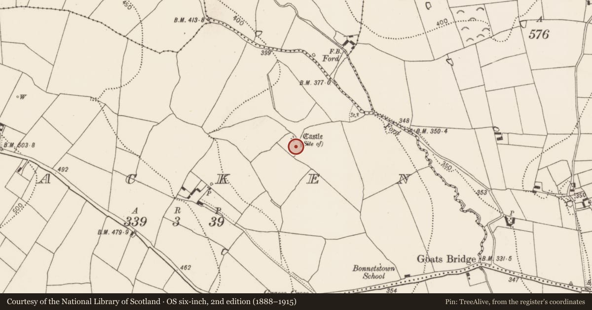 Ordnance Survey six-inch map, 2nd edition (1888–1915) covering the location of Castle - unclassified, Lacken, County Kilkenny, with a pin at the register's coordinates
