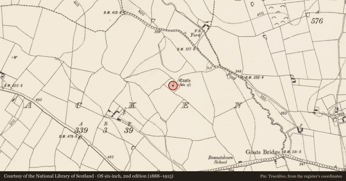 Ordnance Survey six-inch map, 2nd edition (1888–1915) covering the location of Bawn, Lacken, County Kilkenny, with a pin at the register's coordinates