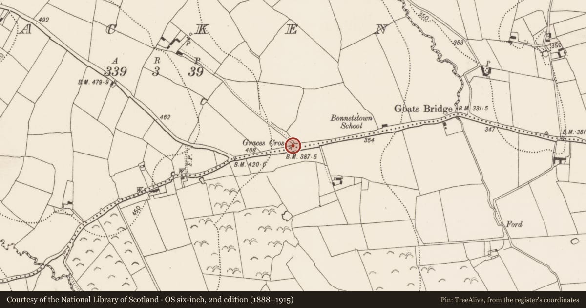 Ordnance Survey six-inch map, 2nd edition (1888–1915) covering the location of Cross - Wayside cross, Lacken, County Kilkenny, with a pin at the register's coordinates
