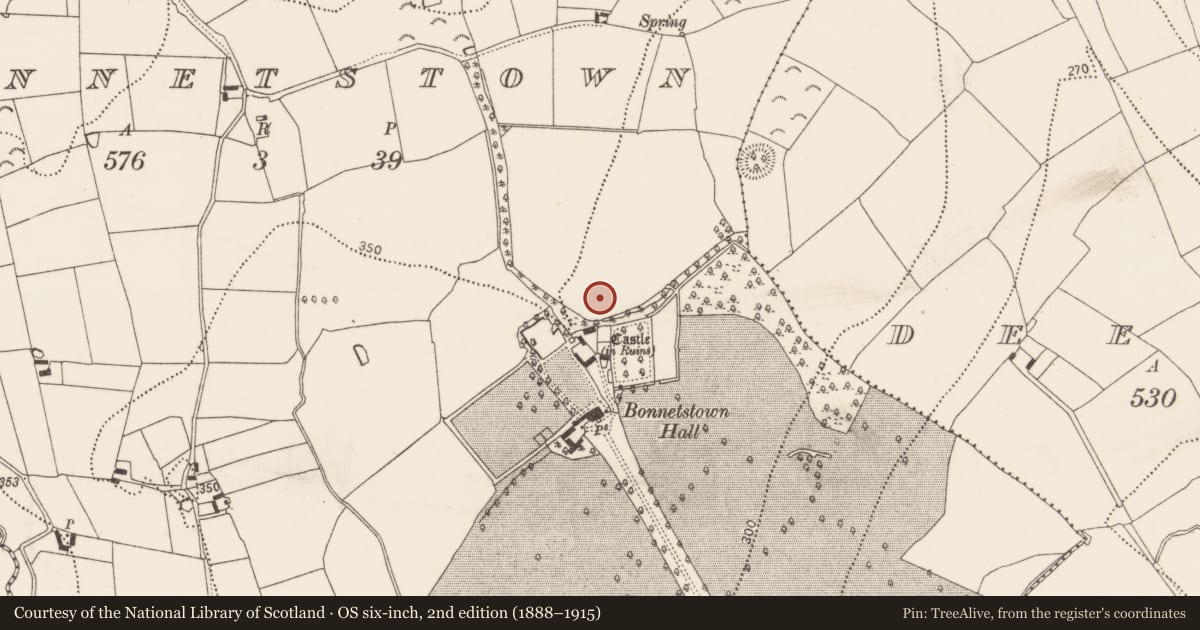 Ordnance Survey six-inch map, 2nd edition (1888–1915) covering the location of Enclosure, Bonnetstown, County Kilkenny, with a pin at the register's coordinates