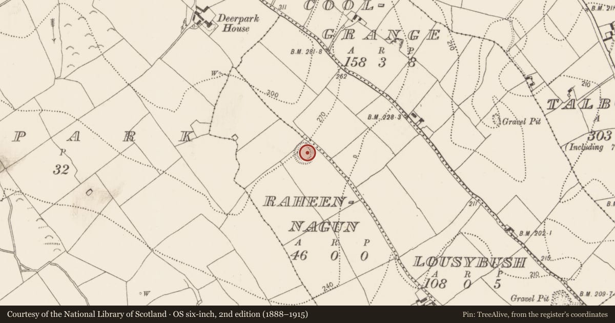 Ordnance Survey six-inch map, 2nd edition (1888–1915) covering the location of Ringfort - unclassified, Raheennagun, County Kilkenny, with a pin at the register's coordinates