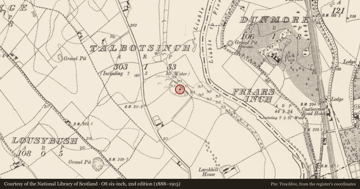 Ordnance Survey six-inch map, 2nd edition (1888–1915) covering the location of Enclosure, Talbotsinch, County Kilkenny, with a pin at the register's coordinates