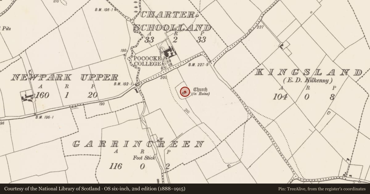 Ordnance Survey six-inch map, 2nd edition (1888–1915) covering the location of Church, Garrincreen, County Kilkenny, with a pin at the register's coordinates