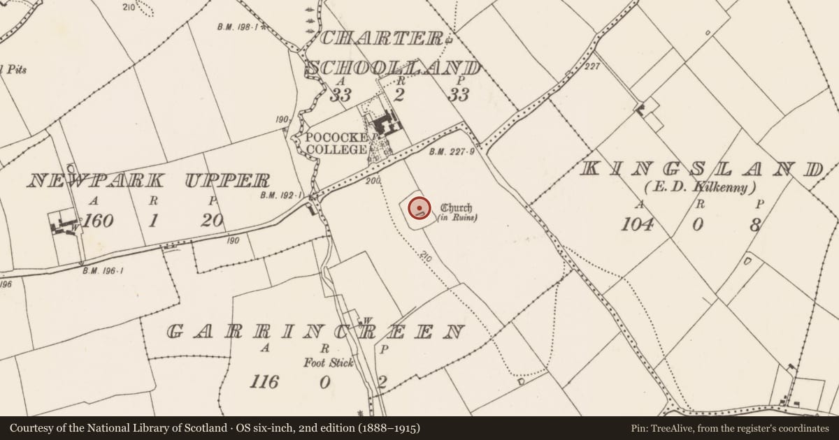 Ordnance Survey six-inch map, 2nd edition (1888–1915) covering the location of Graveyard, Garrincreen, County Kilkenny, with a pin at the register's coordinates