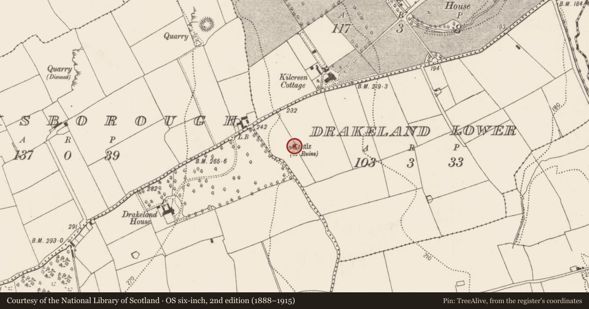 Ordnance Survey six-inch map, 2nd edition (1888–1915) covering the location of Bawn, Drakeland Lower, County Kilkenny, with a pin at the register's coordinates