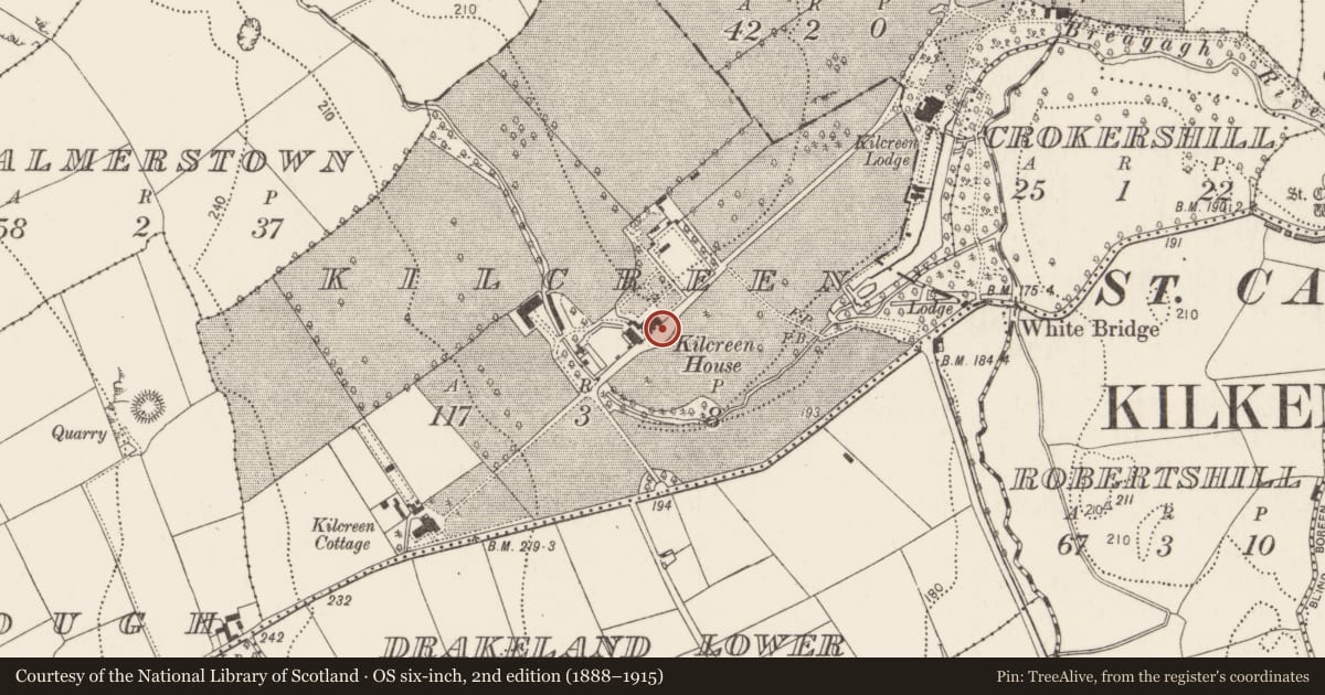 Ordnance Survey six-inch map, 2nd edition (1888–1915) covering the location of Bawn, Kilcreen, County Kilkenny, with a pin at the register's coordinates