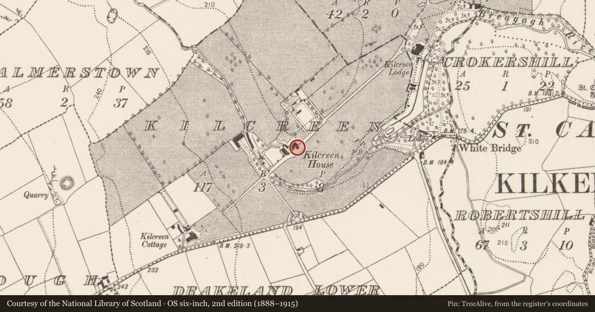 Ordnance Survey six-inch map, 2nd edition (1888–1915) covering the location of House - 17th century, Kilcreen, County Kilkenny, with a pin at the register's coordinates