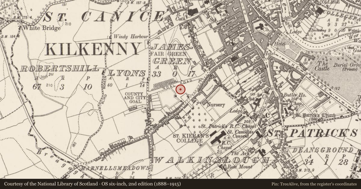 Ordnance Survey six-inch map, 2nd edition (1888–1915) covering the location of Ritual site - holy well, Jamesgreen, County Kilkenny, with a pin at the register's coordinates