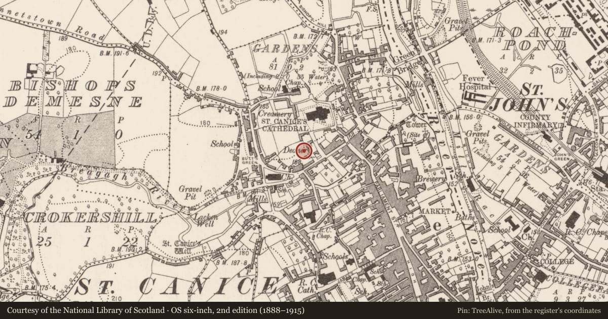 Ordnance Survey six-inch map, 2nd edition (1888–1915) covering the location of Town defences, County Kilkenny, with a pin at the register's coordinates