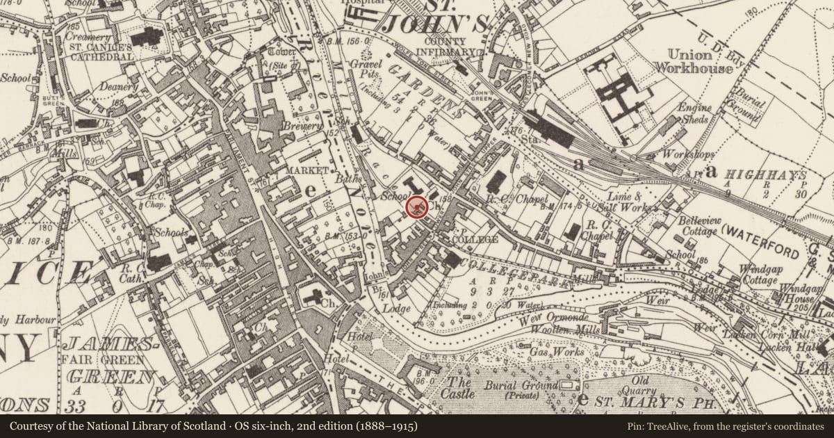 Ordnance Survey six-inch map, 2nd edition (1888–1915) covering the location of House - 16th/17th century, Gardens (Kilkenny City By., St. John's Par.), County Kilkenny, with a pin at the register's coordinates