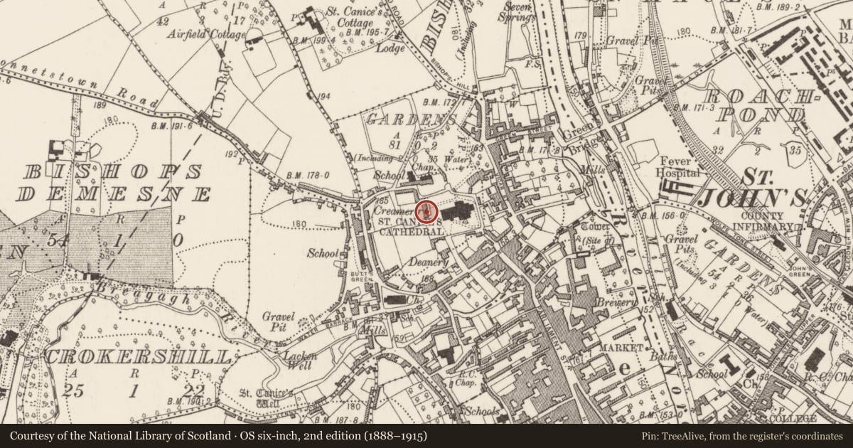 Ordnance Survey six-inch map, 2nd edition (1888–1915) covering the location of Almshouse, Gardens (Kilkenny City By., St. Canice Par.), County Kilkenny, with a pin at the register's coordinates