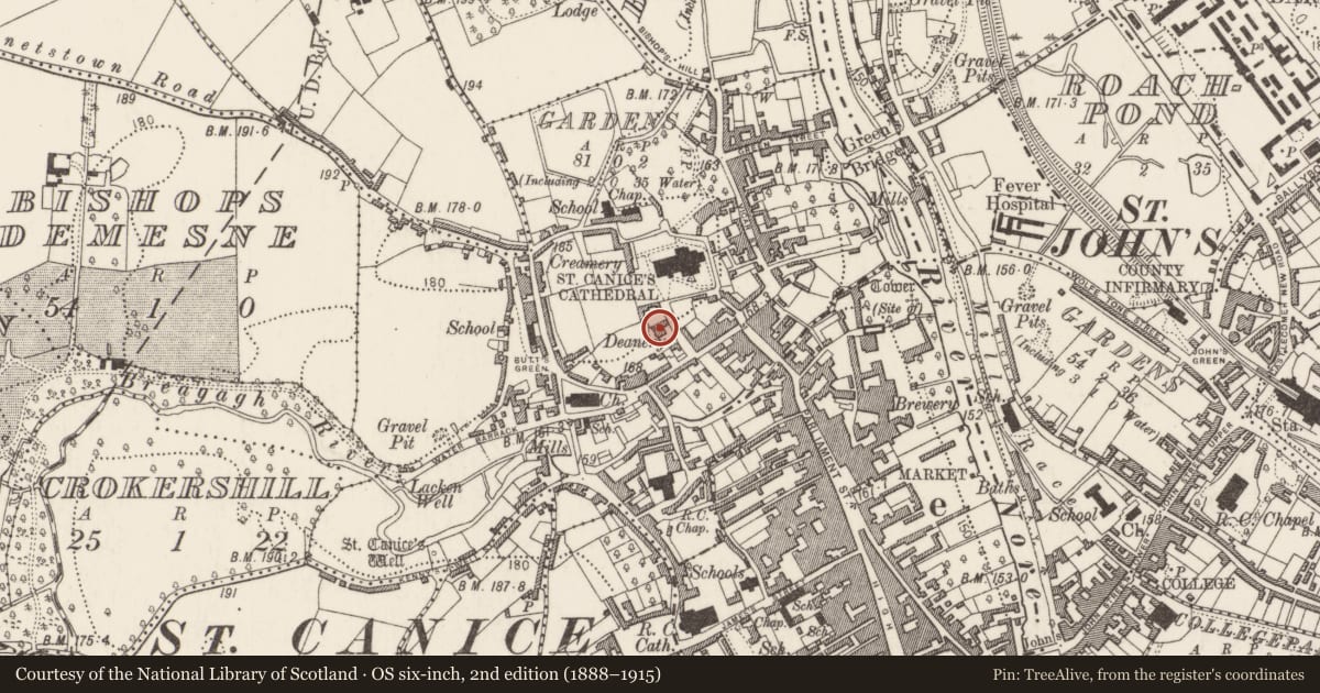 Ordnance Survey six-inch map, 2nd edition (1888–1915) covering the location of House - 16th/17th century, Gardens (Kilkenny City By., St. Canice Par.), County Kilkenny, with a pin at the register's coordinates