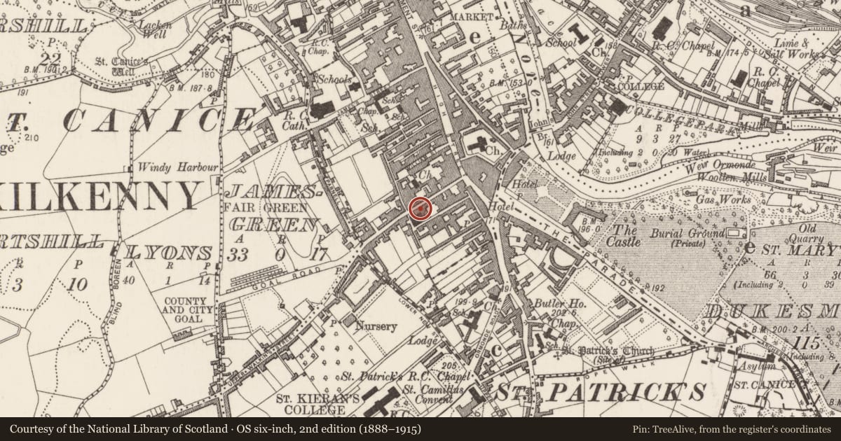 Ordnance Survey six-inch map, 2nd edition (1888–1915) covering the location of Almshouse, Gardens (Kilkenny City By., St. Mary’s Par.), County Kilkenny, with a pin at the register's coordinates