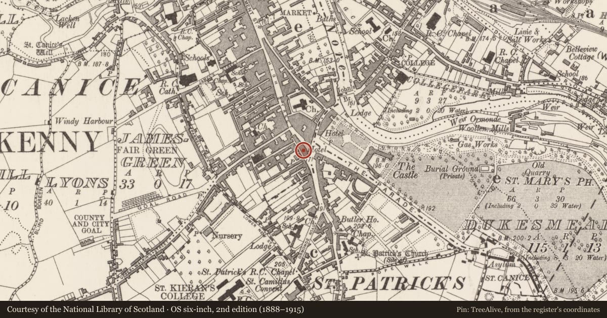 Ordnance Survey six-inch map, 2nd edition (1888–1915) covering the location of Market-house, Gardens (Kilkenny City By., St. Mary’s Par.), County Kilkenny, with a pin at the register's coordinates
