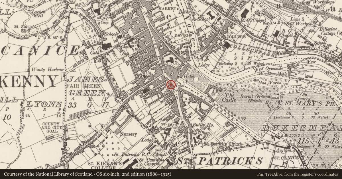 Ordnance Survey six-inch map, 2nd edition (1888–1915) covering the location of Almshouse, Gardens (Kilkenny City By., St. Mary’s Par.), County Kilkenny, with a pin at the register's coordinates