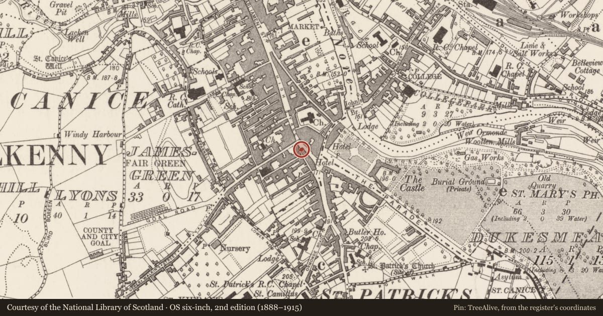 Ordnance Survey six-inch map, 2nd edition (1888–1915) covering the location of Prison, Gardens (Kilkenny City By., St. Mary’s Par.), County Kilkenny, with a pin at the register's coordinates