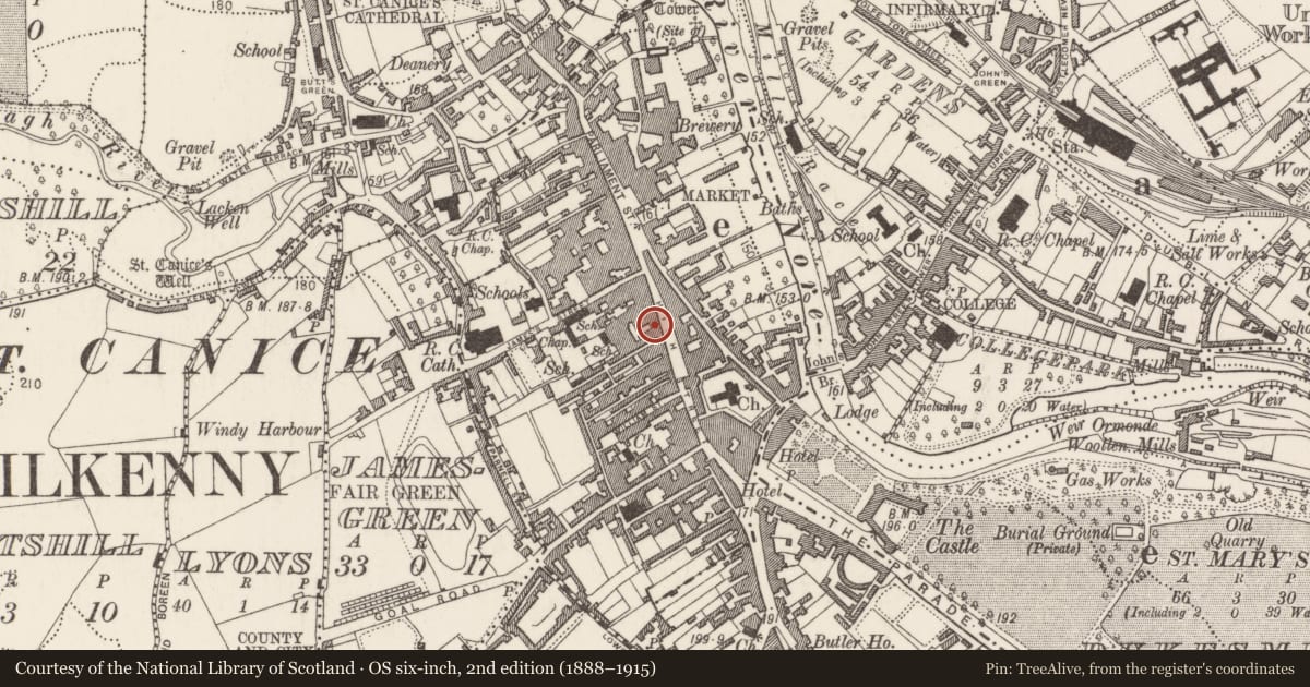 Ordnance Survey six-inch map, 2nd edition (1888–1915) covering the location of Church, Gardens (Kilkenny City By., St. Mary’s Par.), County Kilkenny, with a pin at the register's coordinates