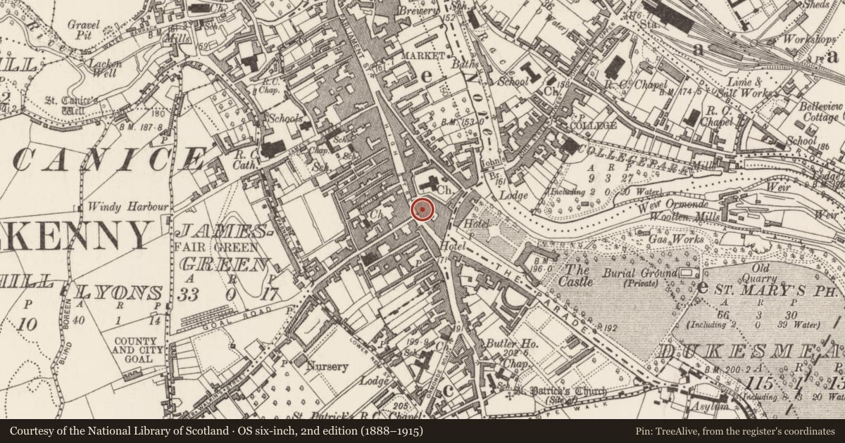 Ordnance Survey six-inch map, 2nd edition (1888–1915) covering the location of House - 16th century, Gardens (Kilkenny City By., St. Mary’s Par.), County Kilkenny, with a pin at the register's coordinates