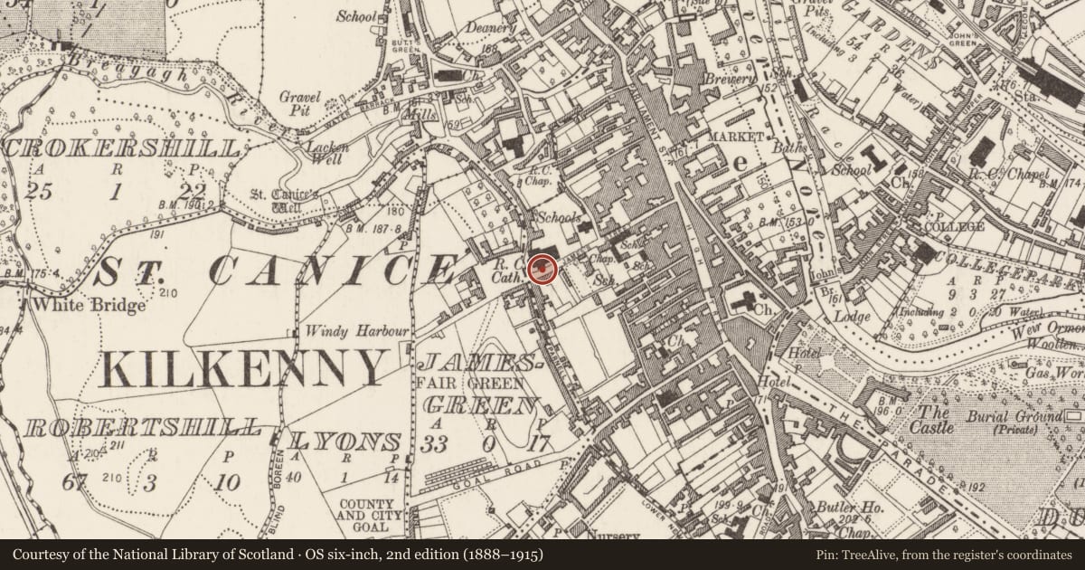Ordnance Survey six-inch map, 2nd edition (1888–1915) covering the location of House - 16th/17th century, Gardens (Kilkenny City By., St. Mary’s Par.), County Kilkenny, with a pin at the register's coordinates