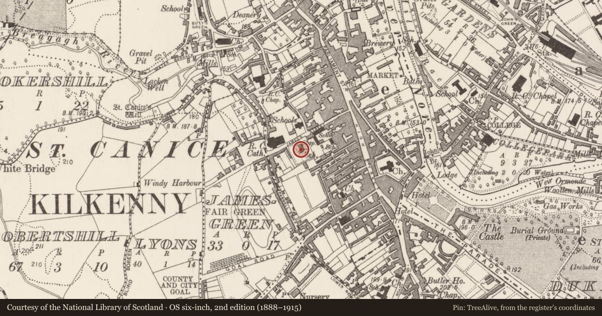 Ordnance Survey six-inch map, 2nd edition (1888–1915) covering the location of Chapel, Gardens (Kilkenny City By., St. Mary’s Par.), County Kilkenny, with a pin at the register's coordinates