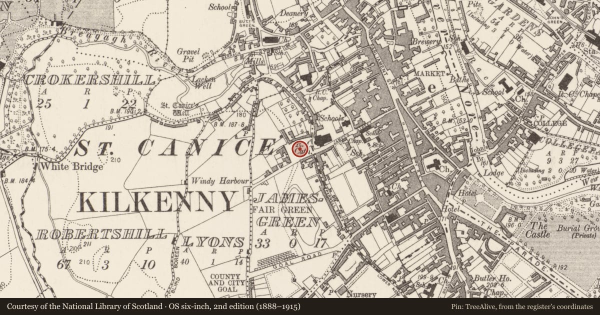 Ordnance Survey six-inch map, 2nd edition (1888–1915) covering the location of Church, Jamesgreen, County Kilkenny, with a pin at the register's coordinates