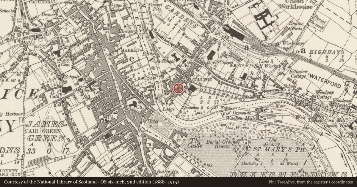 Ordnance Survey six-inch map, 2nd edition (1888–1915) covering the location of House - 16th/17th century, Gardens (Kilkenny City By., St. John's Par.), County Kilkenny, with a pin at the register's coordinates