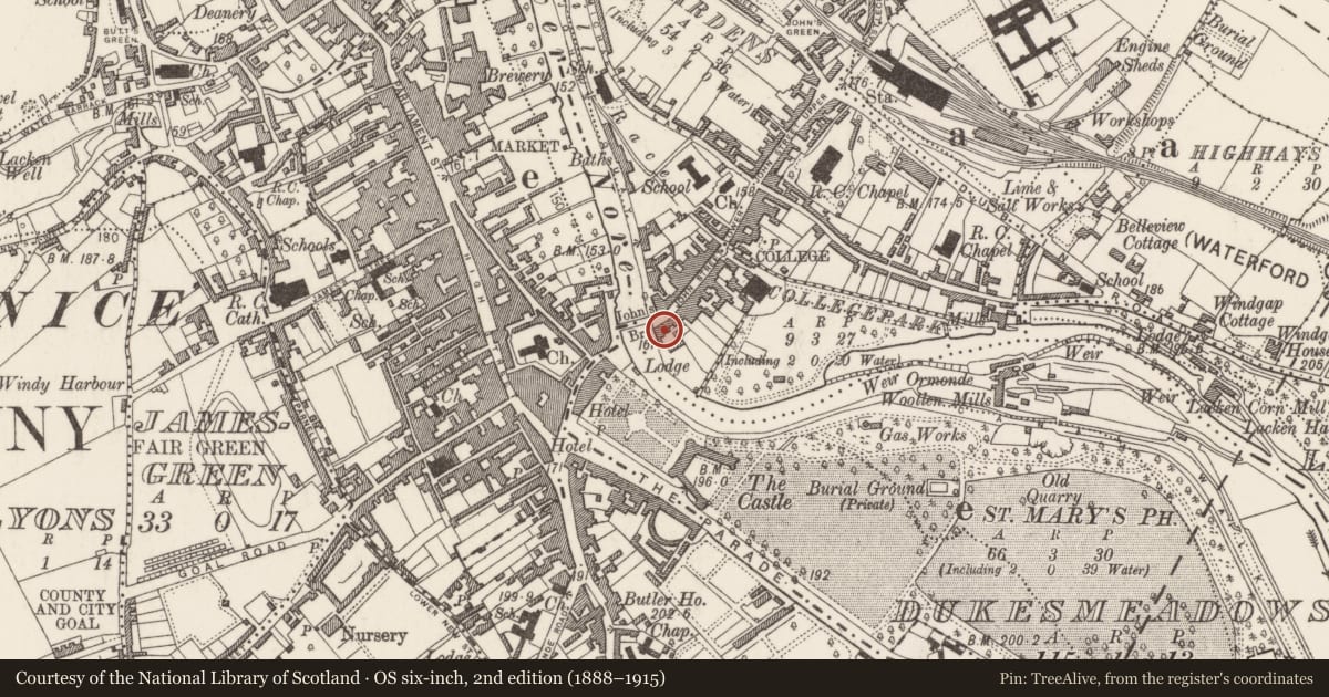 Ordnance Survey six-inch map, 2nd edition (1888–1915) covering the location of House - 16th/17th century, Gardens (Kilkenny City By., St. John's Par.), County Kilkenny, with a pin at the register's coordinates