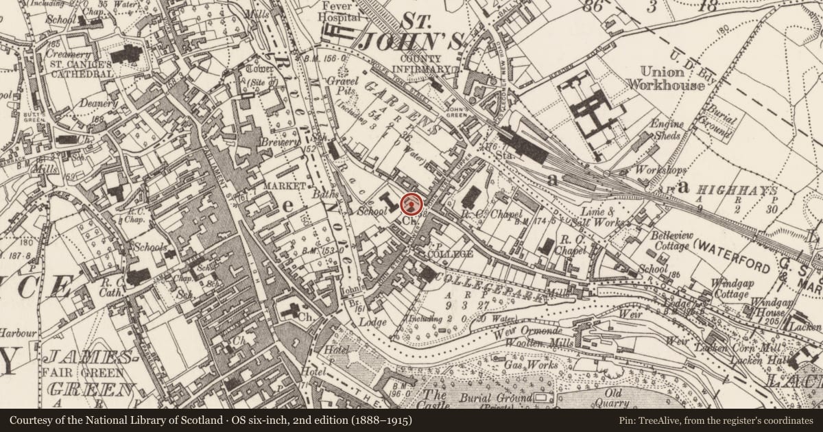 Ordnance Survey six-inch map, 2nd edition (1888–1915) covering the location of Religious house - Augustinian canons, Gardens (Kilkenny City By., St. John's Par.), County Kilkenny, with a pin at the register's coordinates