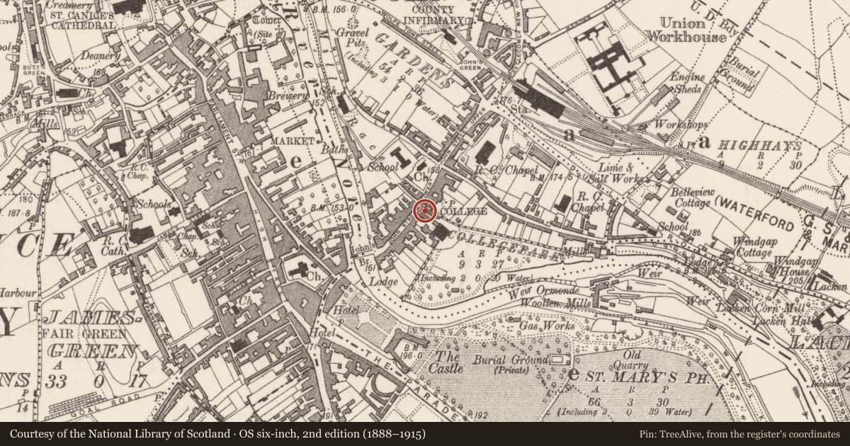 Ordnance Survey six-inch map, 2nd edition (1888–1915) covering the location of House - 16th/17th century, Collegepark, County Kilkenny, with a pin at the register's coordinates