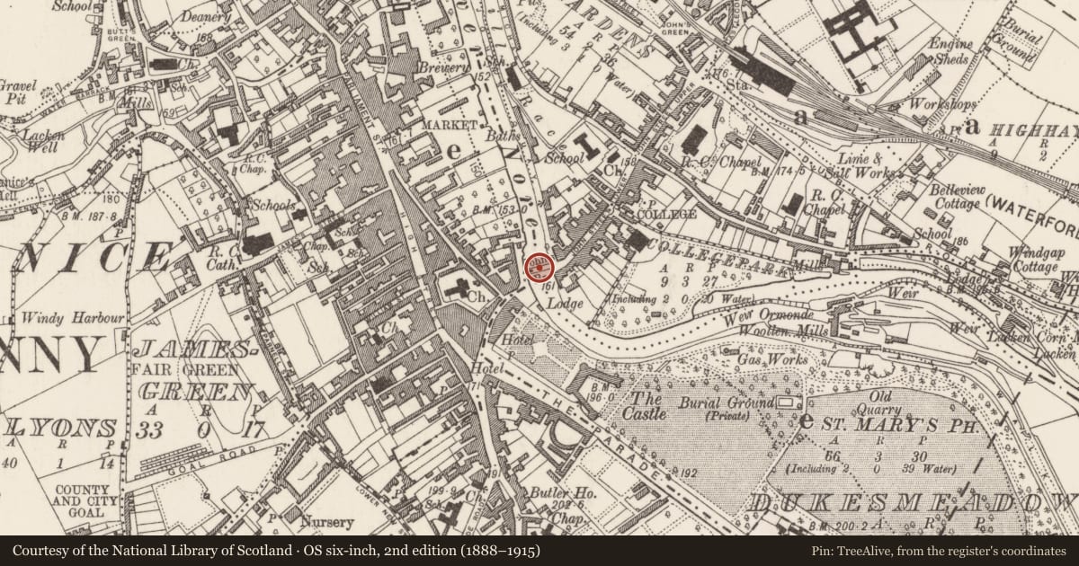 Ordnance Survey six-inch map, 2nd edition (1888–1915) covering the location of Bridge, County Kilkenny, with a pin at the register's coordinates