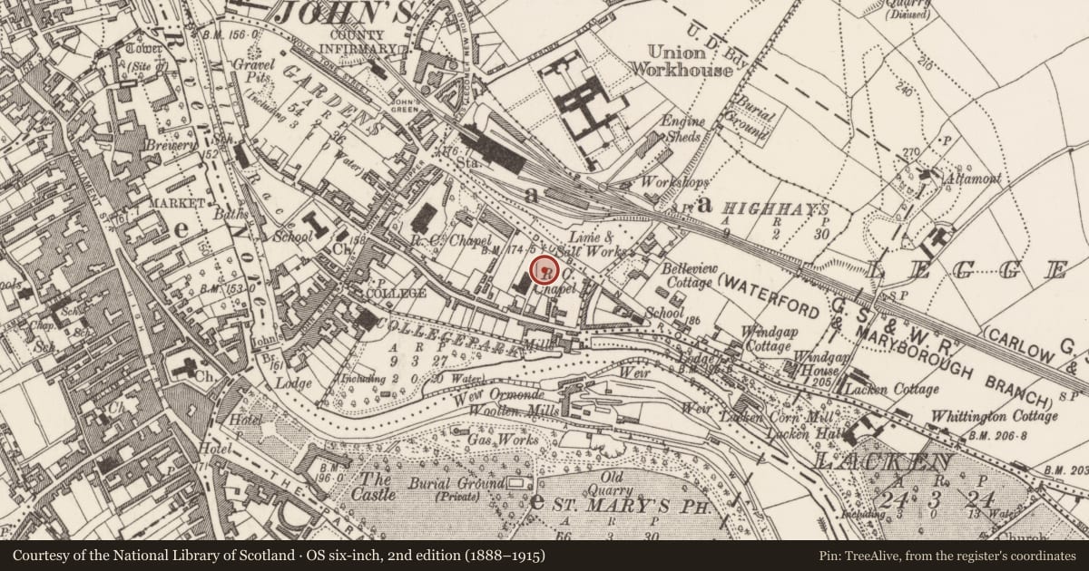 Ordnance Survey six-inch map, 2nd edition (1888–1915) covering the location of Church, Gardens (Kilkenny City By., St. John's Par.), County Kilkenny, with a pin at the register's coordinates