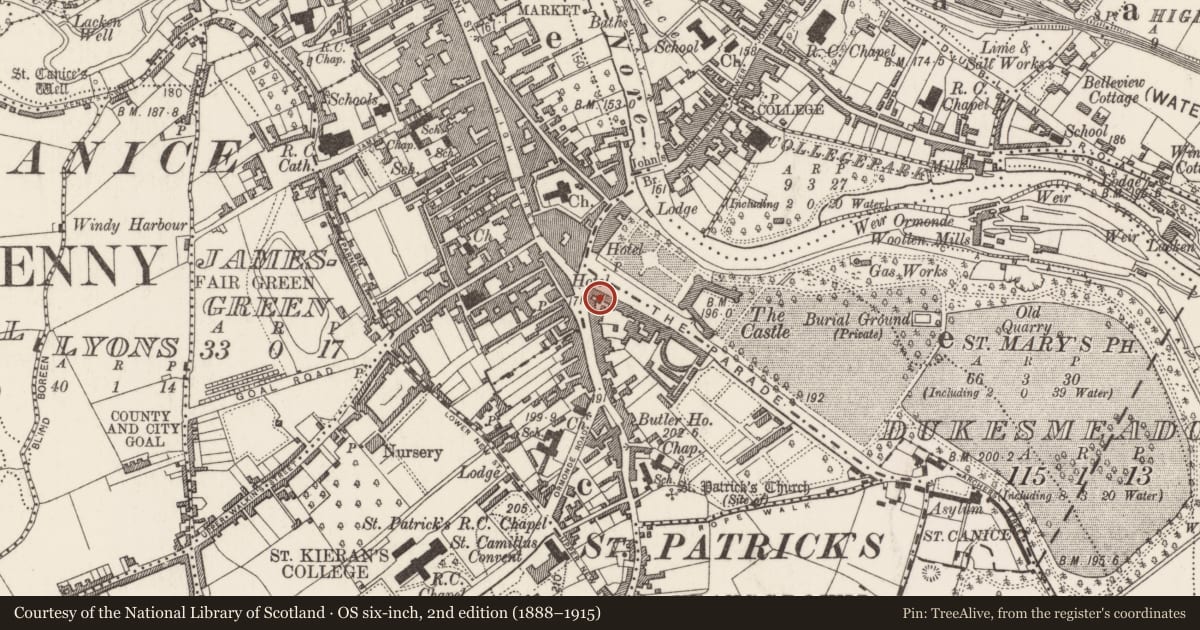 Ordnance Survey six-inch map, 2nd edition (1888–1915) covering the location of Inn, Gardens (Kilkenny City By., St. Patrick's Par.), County Kilkenny, with a pin at the register's coordinates