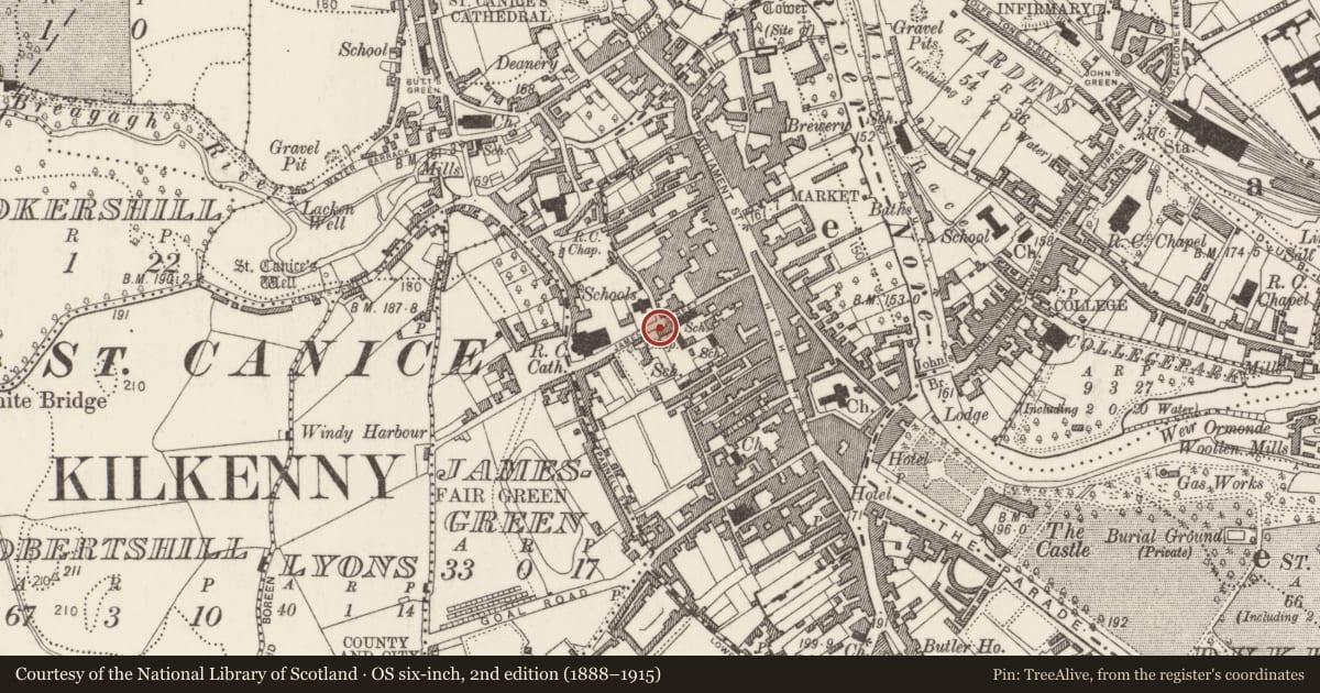 Ordnance Survey six-inch map, 2nd edition (1888–1915) covering the location of Well, Gardens (Kilkenny City By., St. Mary’s Par.), County Kilkenny, with a pin at the register's coordinates