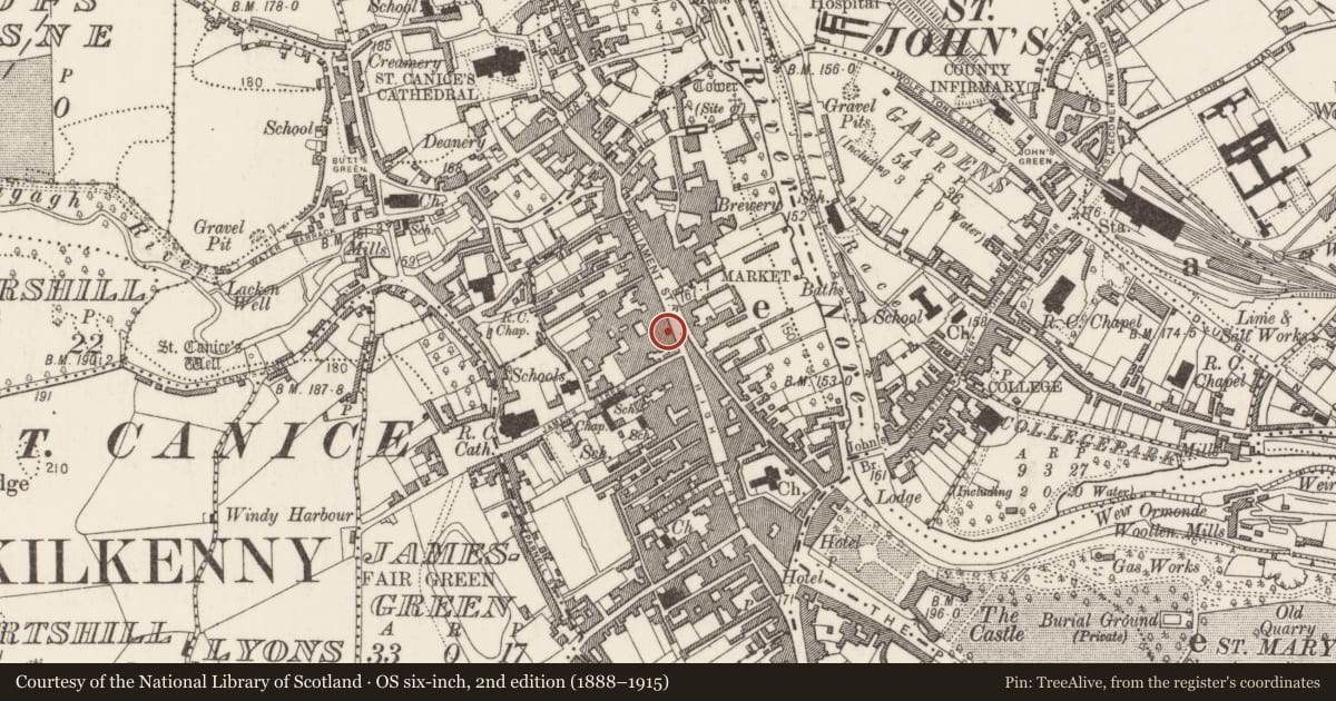 Ordnance Survey six-inch map, 2nd edition (1888–1915) covering the location of House - 16th/17th century, Gardens (Kilkenny City By., St. Mary’s Par.), County Kilkenny, with a pin at the register's coordinates