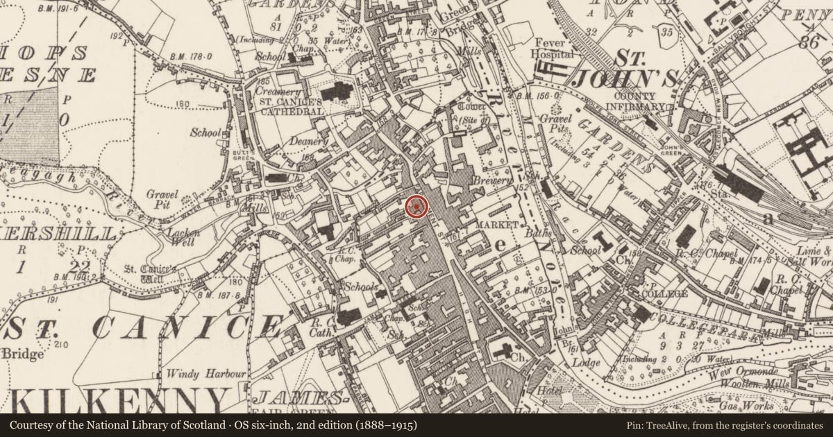 Ordnance Survey six-inch map, 2nd edition (1888–1915) covering the location of House - 16th/17th century, Gardens (Kilkenny City By., St. Mary’s Par.), County Kilkenny, with a pin at the register's coordinates