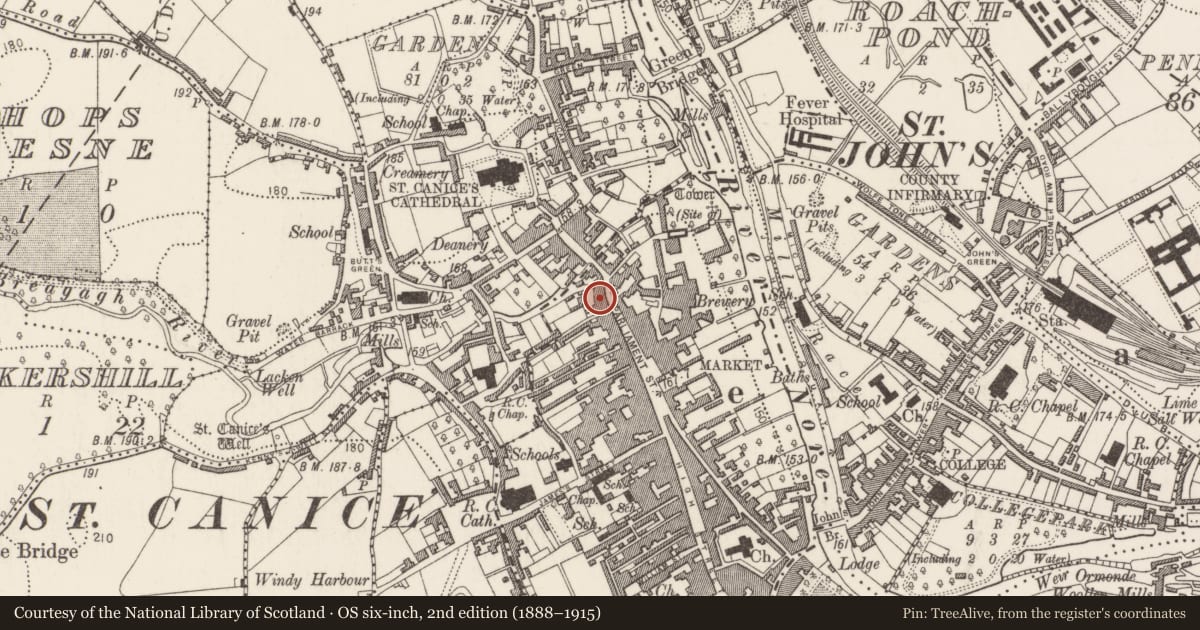 Ordnance Survey six-inch map, 2nd edition (1888–1915) covering the location of Building, Gardens (Kilkenny City By., St. Mary’s Par.), County Kilkenny, with a pin at the register's coordinates