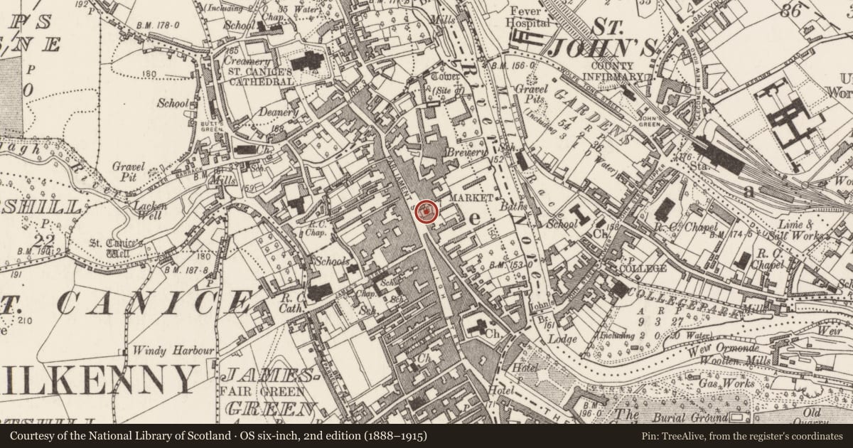 Ordnance Survey six-inch map, 2nd edition (1888–1915) covering the location of House - 16th/17th century, Gardens (Kilkenny City By., St. Mary’s Par.), County Kilkenny, with a pin at the register's coordinates