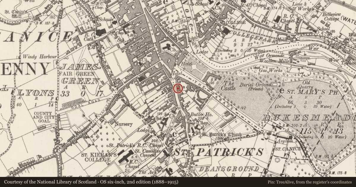 Ordnance Survey six-inch map, 2nd edition (1888–1915) covering the location of House - 16th/17th century, Gardens (Kilkenny City By., St. Patrick's Par.), County Kilkenny, with a pin at the register's coordinates