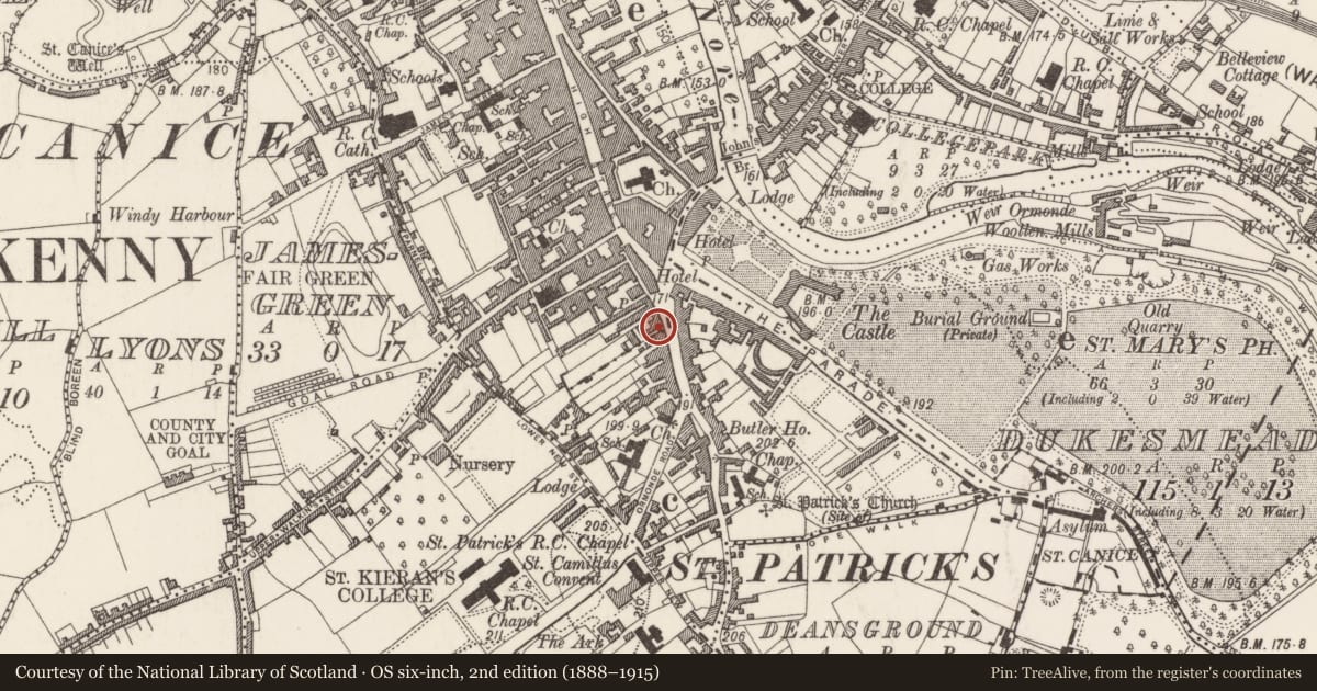Ordnance Survey six-inch map, 2nd edition (1888–1915) covering the location of Architectural fragment, Gardens (Kilkenny City By., St. Mary’s Par.), County Kilkenny, with a pin at the register's coordinates