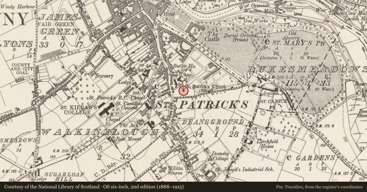 Ordnance Survey six-inch map, 2nd edition (1888–1915) covering the location of Church, County Kilkenny, with a pin at the register's coordinates