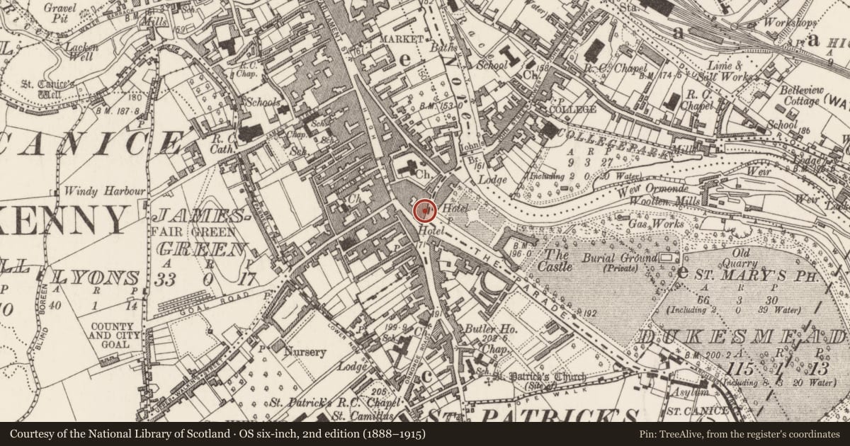 Ordnance Survey six-inch map, 2nd edition (1888–1915) covering the location of Inn, Gardens (Kilkenny City By., St. Mary’s Par.), County Kilkenny, with a pin at the register's coordinates