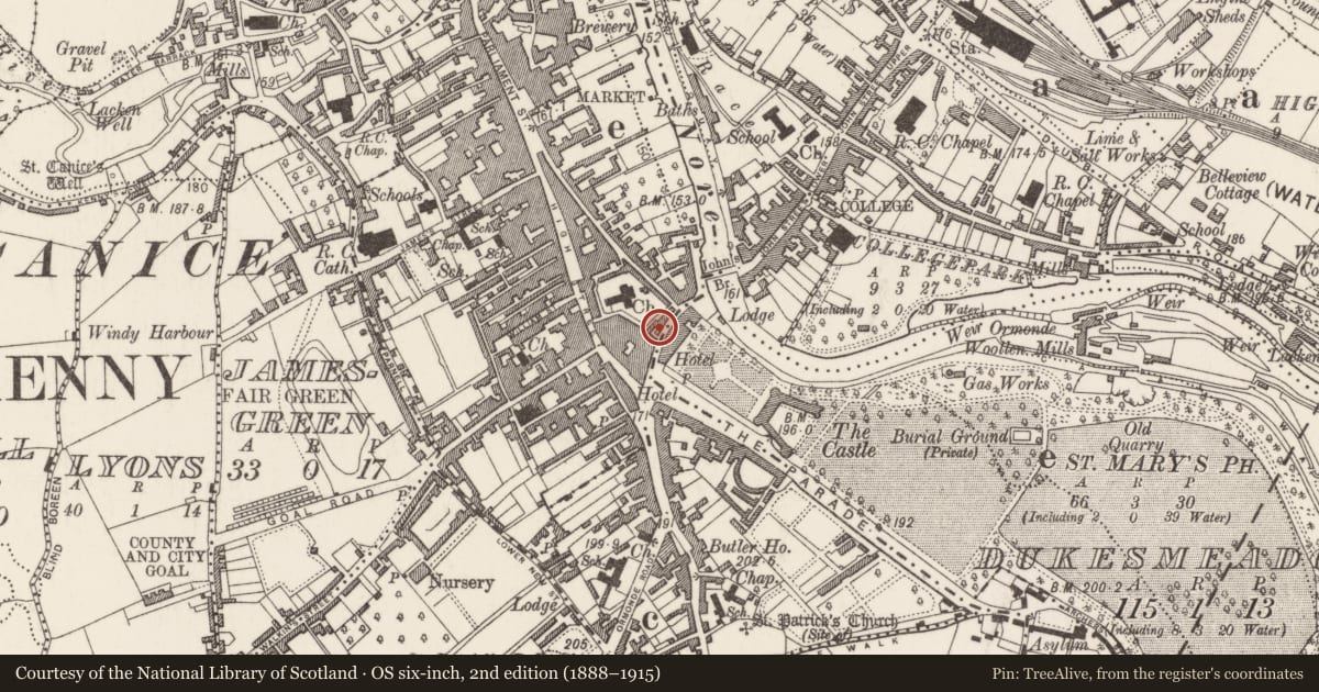 Ordnance Survey six-inch map, 2nd edition (1888–1915) covering the location of Almshouse, Gardens (Kilkenny City By., St. Mary’s Par.), County Kilkenny, with a pin at the register's coordinates