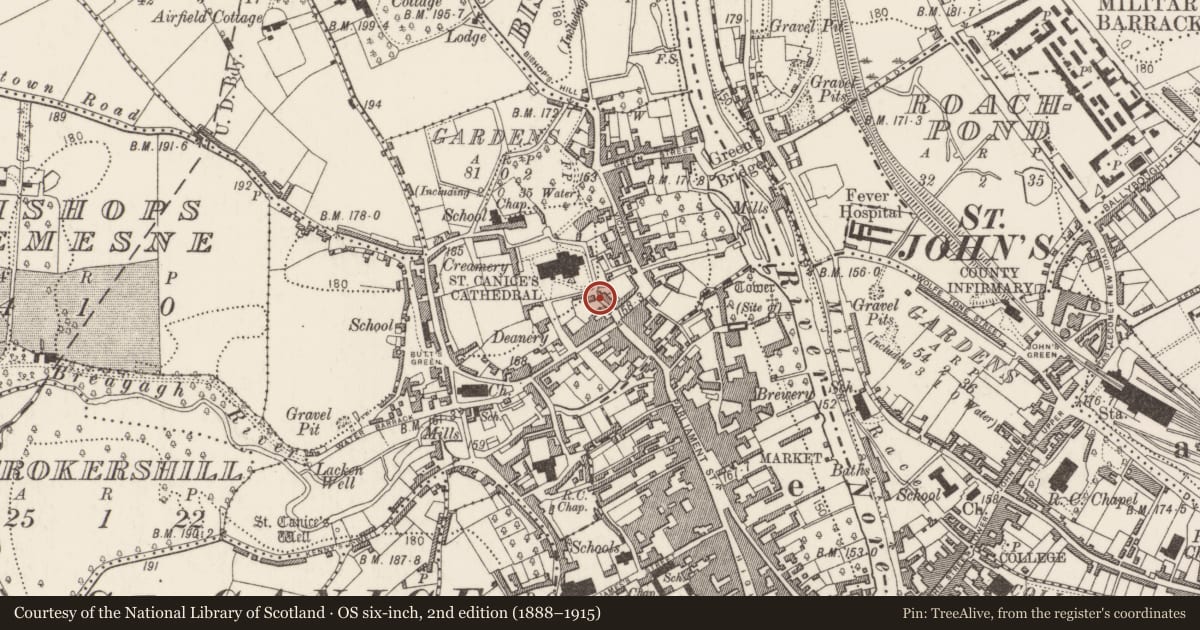 Ordnance Survey six-inch map, 2nd edition (1888–1915) covering the location of Gateway, Gardens (Kilkenny City By., St. Canice Par.), County Kilkenny, with a pin at the register's coordinates