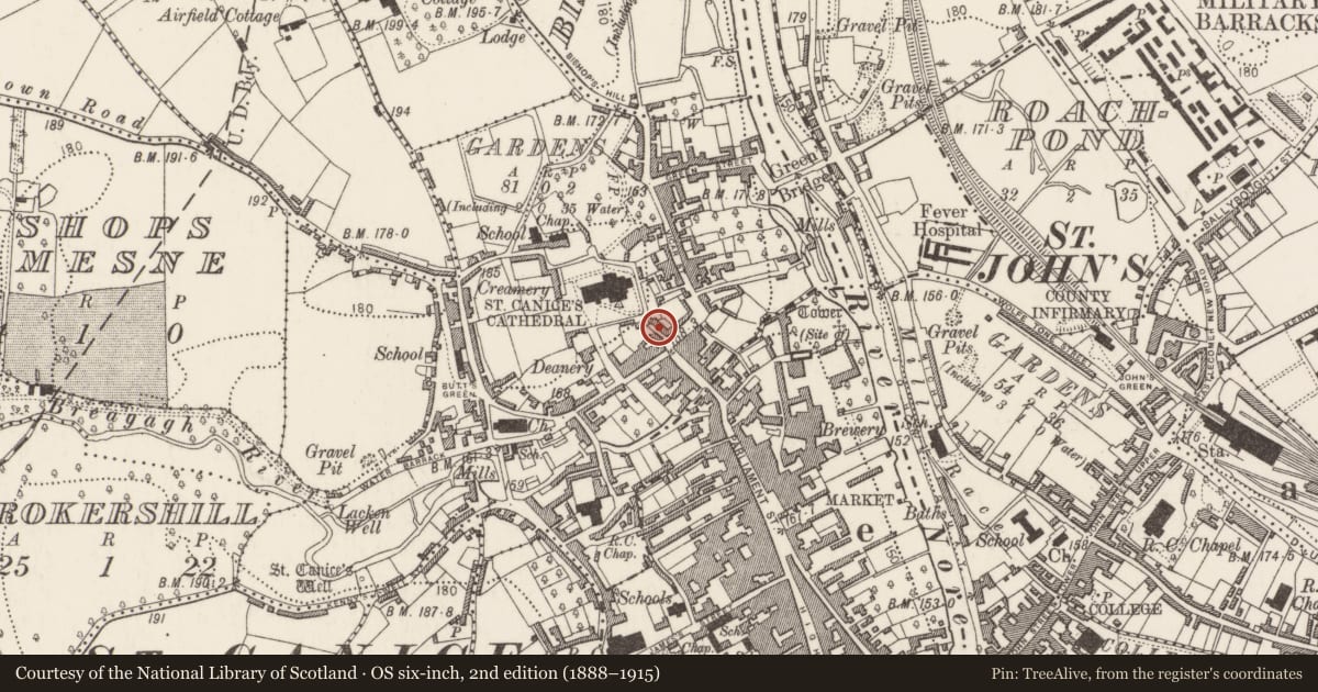 Ordnance Survey six-inch map, 2nd edition (1888–1915) covering the location of Architectural fragment, Gardens (Kilkenny City By., St. Canice Par.), County Kilkenny, with a pin at the register's coordinates
