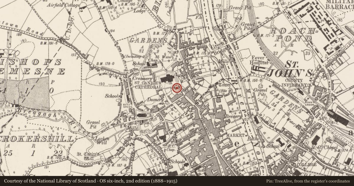 Ordnance Survey six-inch map, 2nd edition (1888–1915) covering the location of House - 16th/17th century, Gardens (Kilkenny City By., St. Canice Par.), County Kilkenny, with a pin at the register's coordinates