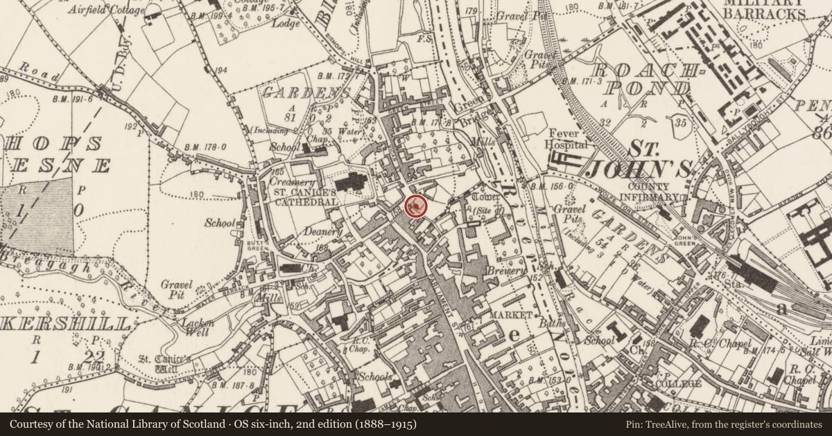 Ordnance Survey six-inch map, 2nd edition (1888–1915) covering the location of Inn, Gardens (Kilkenny City By., St. Canice Par.), County Kilkenny, with a pin at the register's coordinates