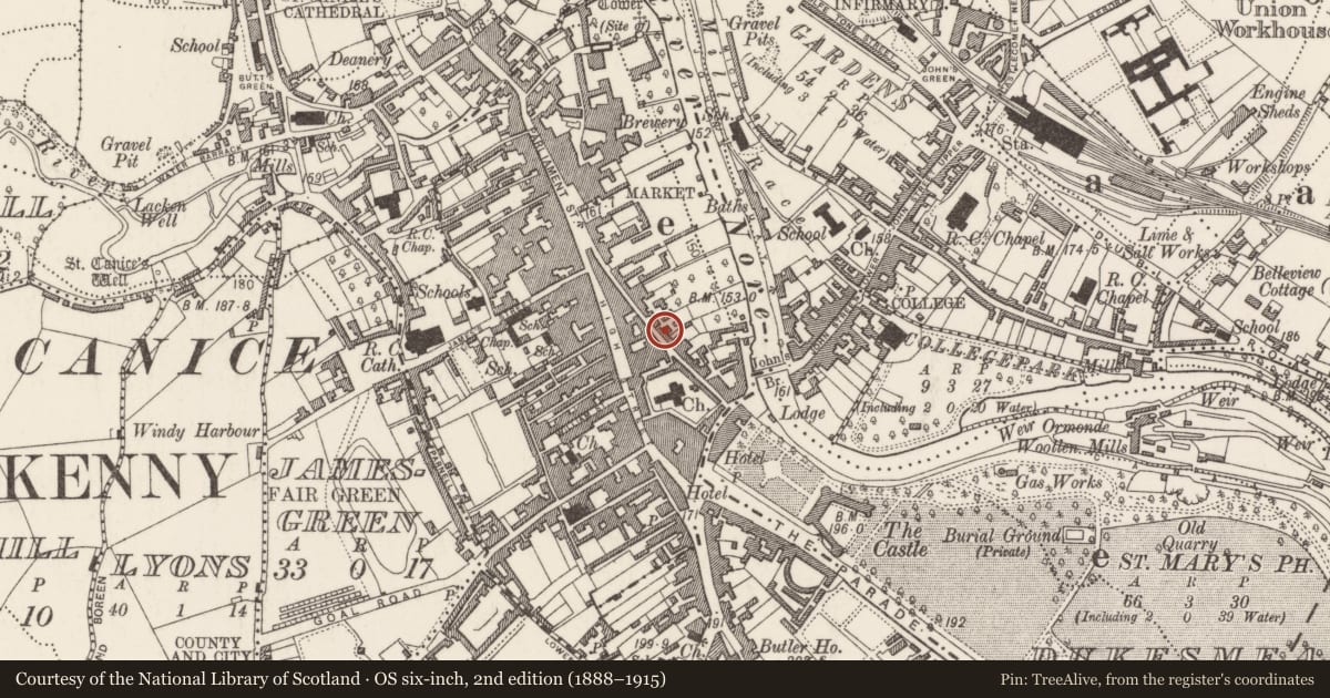 Ordnance Survey six-inch map, 2nd edition (1888–1915) covering the location of House - 16th/17th century, Gardens (Kilkenny City By., St. Mary’s Par.), County Kilkenny, with a pin at the register's coordinates